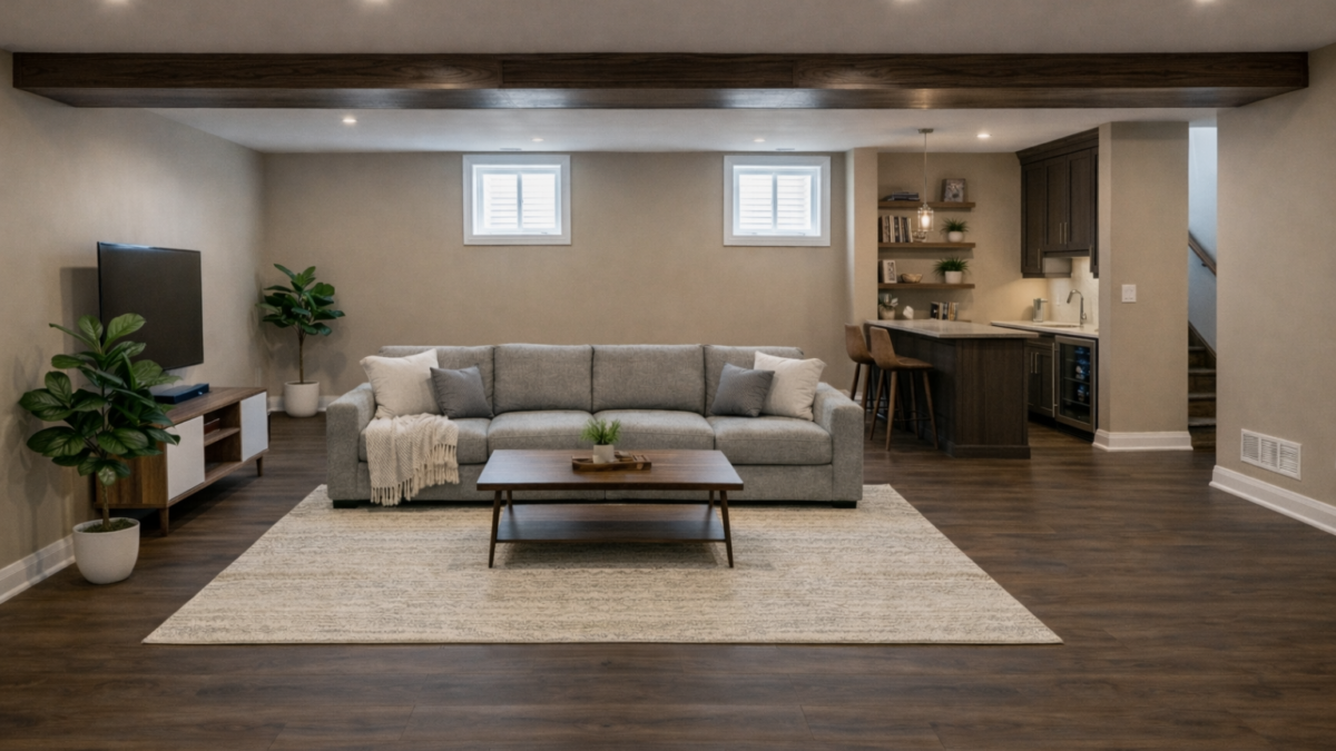 Bright furnished basement with gray sofa, wood floors, TV console, wet bar, and staircase.