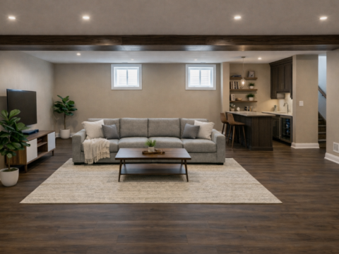 Bright furnished basement with gray sofa, wood floors, TV console, wet bar, and staircase.